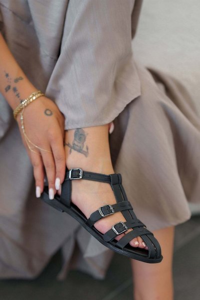 Parponi Azur Women's Buckle Genuine Leather Sandals Black