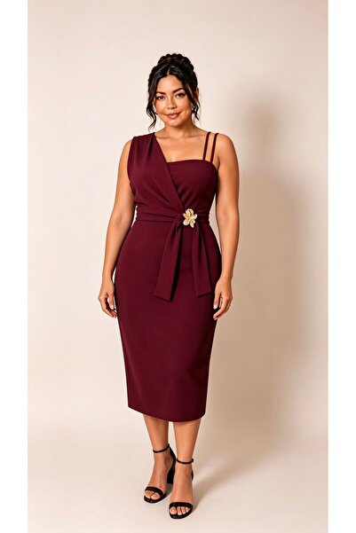 Şirin Butik Women's Burgundy Plus Size Evening Dress with Single Shoulder Str...
