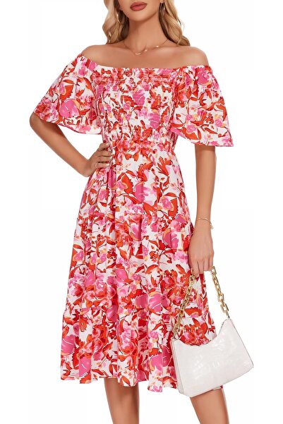 OEM Rochie Midi De Vară Boho Ușoară Pentru Vară Lejeră Florală Roșie 3XL