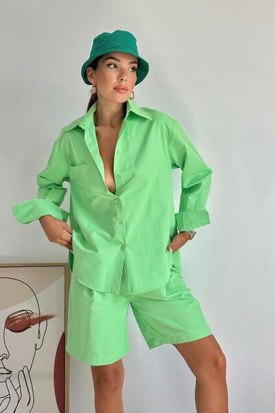 Caddebostan Moda Women's Front-Pocket Shirt and Shorts Two-Piece Set Combination