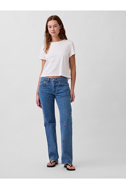 GAP Kadın Mavi Mid Rise İşlemeli Relaxed Straight Jean Pantolon