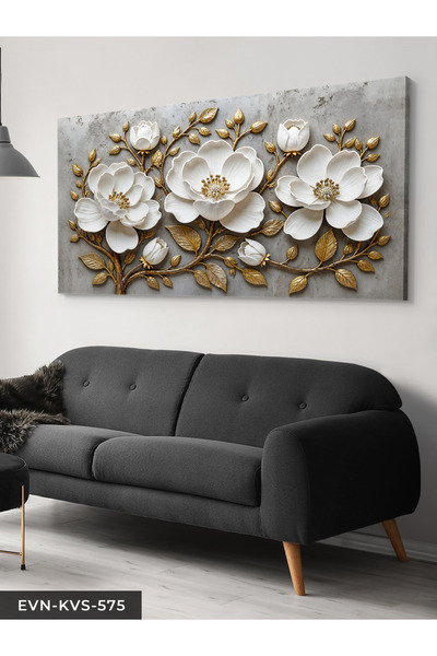 Evinemoda Gold Yapraklı Beyaz Çiçek Tek Parça Kanvas - Canvas Tablo