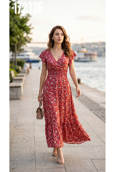moda wanilia Kadın Çiçek Desenli Kruvaze Yaka Kısa Kollu Beli Lastikli Elbise