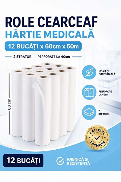 SERIX 12 Bucati x Role Cearceaf Hartie 60cm x 50m, 2 Straturi, Perforate la 40cm