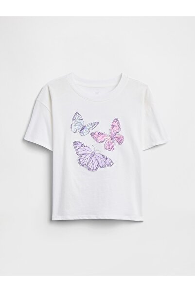 GAP Kız Çocuk Beyaz Oversized Grafik Baskılı T-Shirt