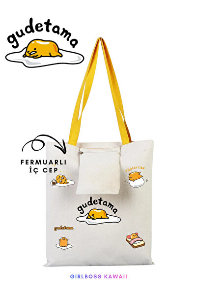 Girlboss Kawaii Gudetama Canvas Shoulder Bag, with Inner Pocket, Yellow Handle
