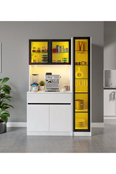 GuneyStore Moon Midi Sağ Vitrinli Kahve Köşesi Komple MDF LED Mutfak Dolabı