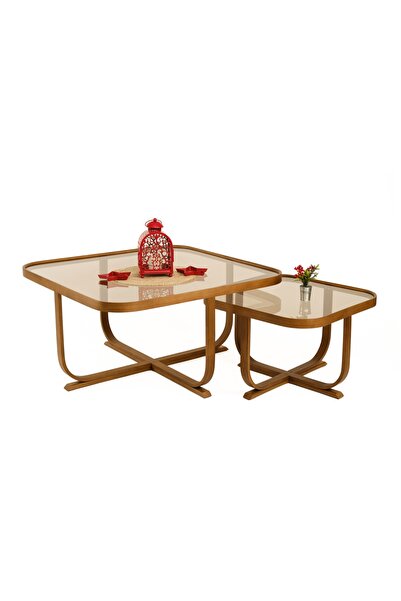 Vivense HİSAR İKİLİ SET ORTA SEHPA, CEVİZ BRONZ CAM