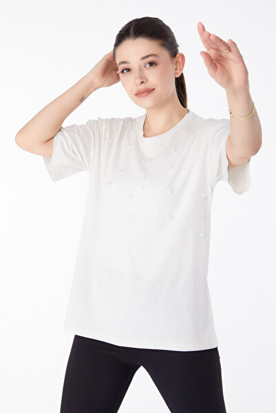 TOFİSA Einfarbiges Damen-T-Shirt mit Rundhalsausschnitt in Ecru mit Perlendet...