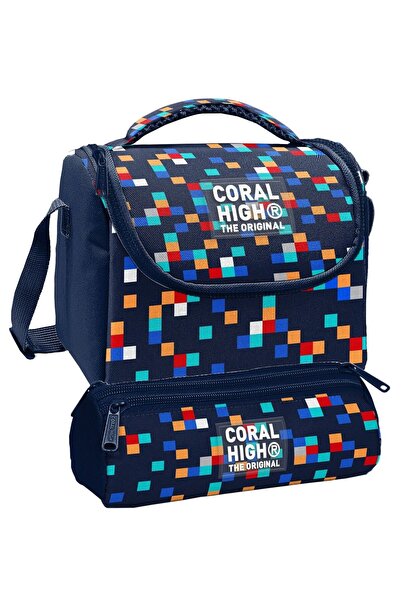 Coral High Lunchbox and Three-Compartment Pen Holder Set - Navy Blue Multicol...