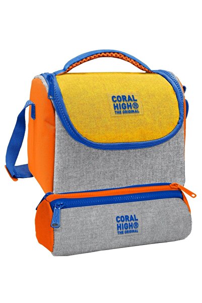 Coral High Lunchbox and Three-Compartment Pen Holder Set - Blue Gray Orange L...