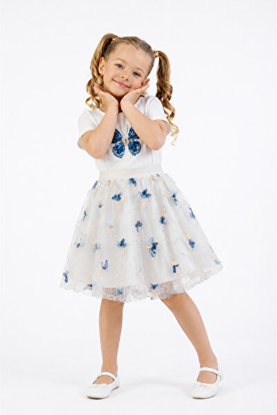 NATS KİDS Girl's Blue Butterfly Embroidered Tulle Evening Dress White