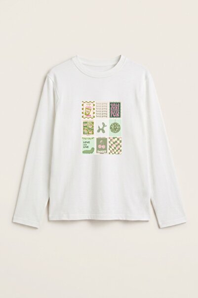 The Champ Clothing Kadın Uzun Kollu Tişört Sweet Grid Baskılı Beyaz – Esnek K...