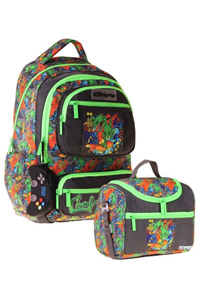 KAUKKO Kids Street Boys' Black - Green Elementary School Backpack and Lunch B...