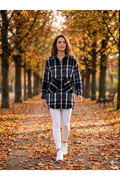 Polologin Butik Women's Black Blue Plaid Patterned Lumberjack Tunic Shirt wit...