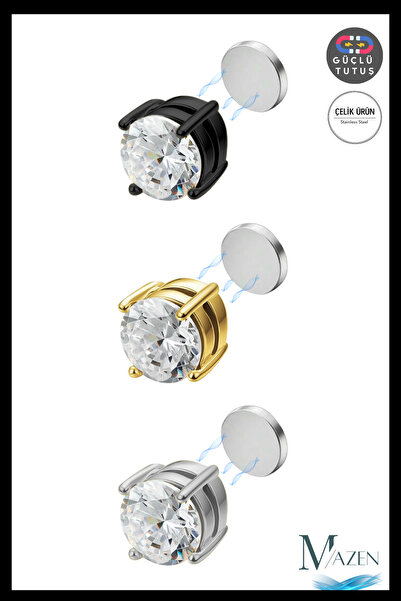 MAZEN Stone and Magnet Men's Earring Set 6 mm Black Gold Silver 3 Pieces Magn...