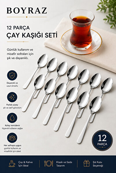 BOYRAZ 12 Parça Çelik Çay Kaşığı Seti | Günlük Kullanım ve Misafirlik İçin