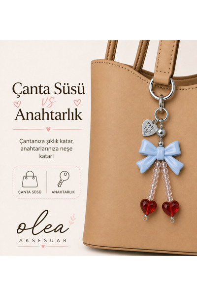 OLEA AKSESUAR Blue Bow Heart Detailed Bag Ornament and Keychain and Phone Charm