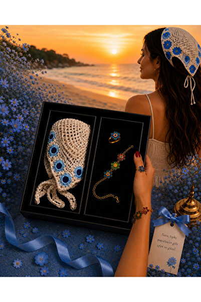PULİNİN DÜKKANI Handmade Floral Motif Bandana and Jewelry Gift Set – Knitted ...