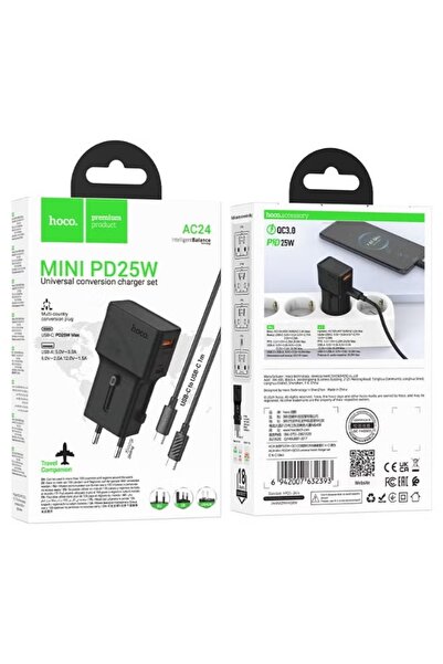Hoco Hoco Ac24 Mini Pd 25W Power Adapter Type-C & Usb-A Port Universal Plug - Black