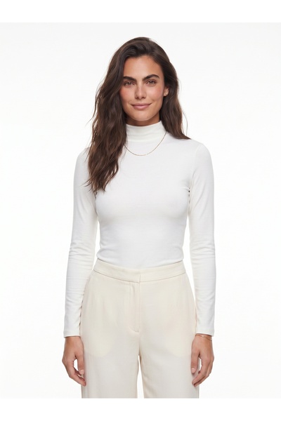 ONLOOX White Viscose Woven Half Turtleneck Slim Fit Flexible Long Sleeve Plai...