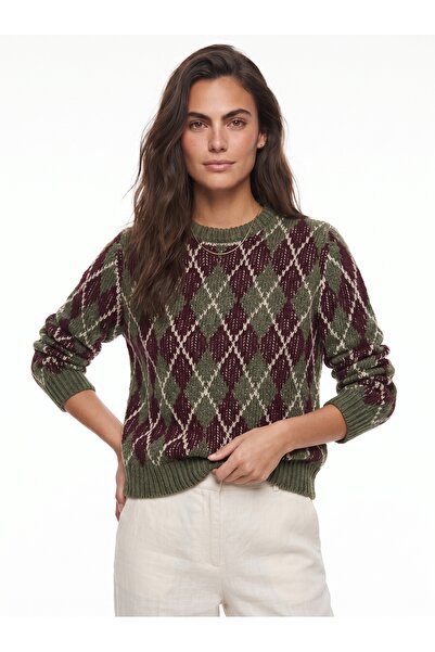 ONLOOX Khaki Cotton Viscose Blended Crew Neck Standard Fit Diamond Pattern Kn...