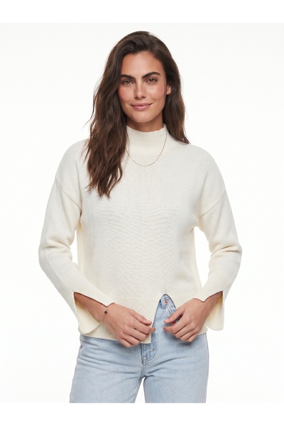 ONLOOX Ecru Acrylic Textured Turtleneck Low Shoulder Front Slit Detailed Stan...