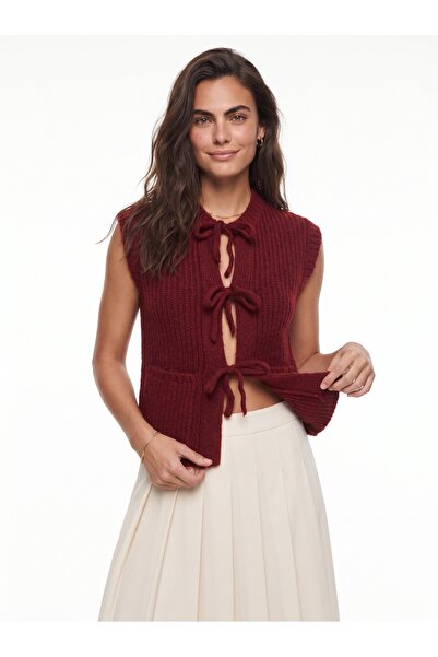 ONLOOX Burgundy Soft Textured Knitted Front-Tie Sleeveless Knitwear Vest with...