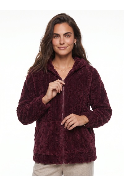 ONLOOX Plum Plush Textured Hooded Self-Patterned Zippered Cardigan with Pocke...