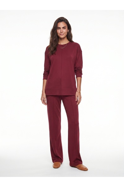 ONLOOX Burgundy Modal Fabric Crew Neck Long Sleeve Elastic Waist Ribbed Loose...