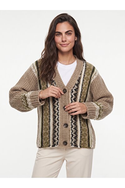 ONLOOX Mink Thick Knitted Knitwear V-Neck Oversize Ethnic Patterned Buttoned ...