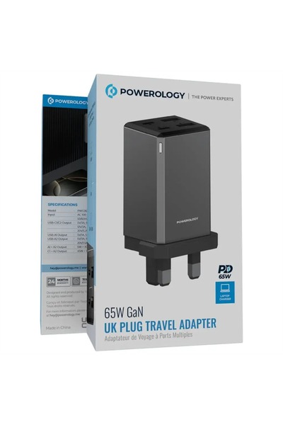 Powerology 65W GaN UK Plug Travel Adapte Grey