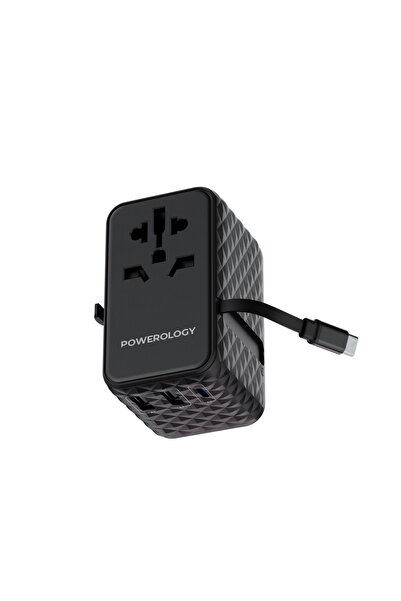 Powerology محول GaN عالمي بقوة 20 واط مع كابل Type-C قابل للسحب باللون الأسود