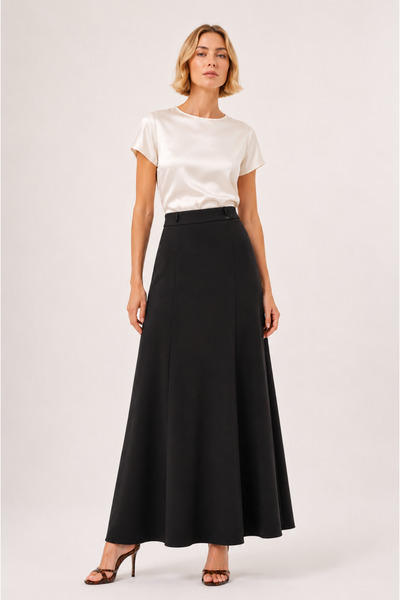 bihan store Women's High Waist Flared Maxi Length Long Skirt - Black