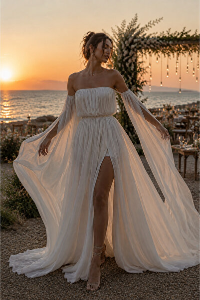 NA ADDESIGN Aura Bride Şifon Elbise, Kısa Ve Uzun Seçenek, Uçuş Uçuş Nikah El...