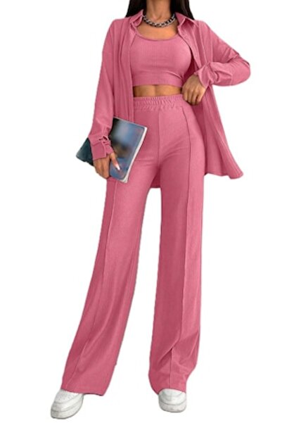 StreetWear Outlet Set de damă, 3 piese, Pantaloni, Maiou și Bluză, Roz pal, L