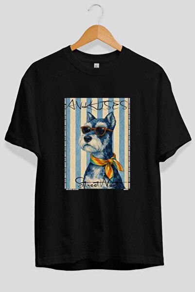 Ankhises For Dog Lovers 60 Front Dog Printed Black Oversize T-Shirt 100% Cott...
