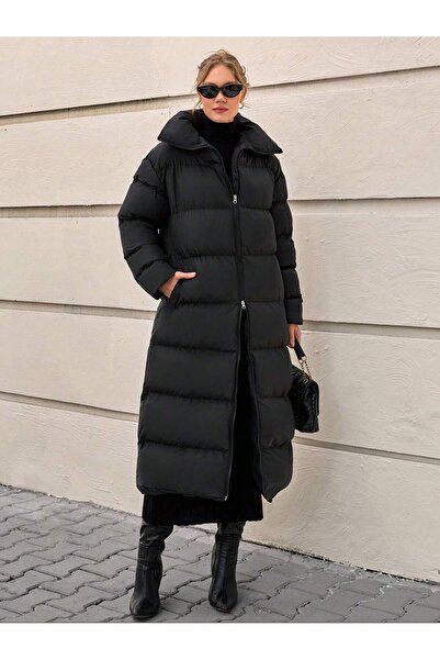 Snatch Siyah Uzun Şişme Kadın Mont - Dik Yaka Cepli Oversize Puffer Kaban