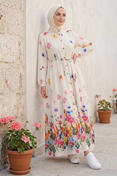 FERHEL Rochie de damă cu imprimeu floral, mâneci elastice, nasturi și curea, ...