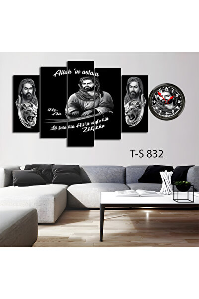 BellaaaModa Hz ALİ temalı Dekoratif Desenli Mdf Tablo 5 Parça Set ve Saatli T...
