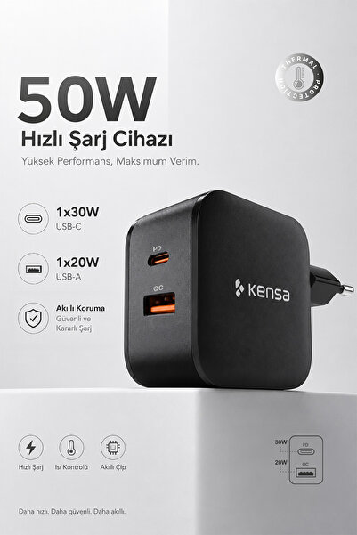 Kensa 50W Çift Portlu USB-C Girişli Akıllı Hızlı Şarj Adaptörü