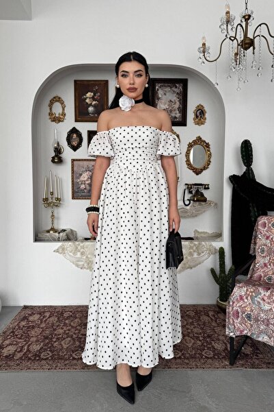 Caddebostan Moda Polka Dot Patterned Spanish Sleeve Strapless Midi Dress