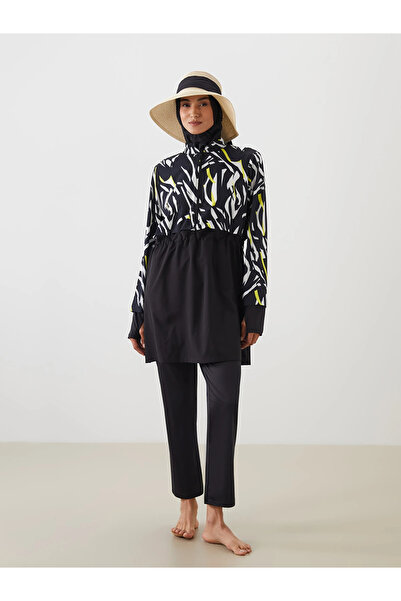 LC Waikiki Lcw Dream Black Stand Collar Patterned Women's Hijab Swimsuit Set