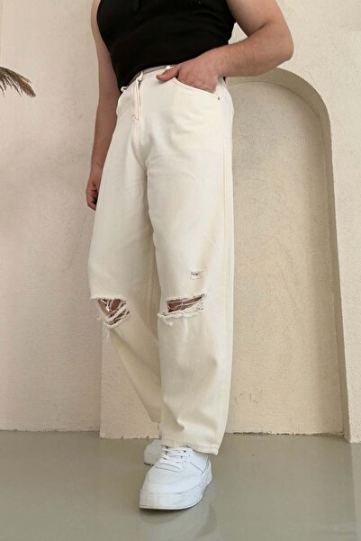 Yırtmaç Detaylı Baggy Jean Bej