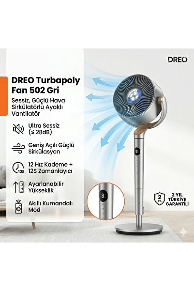 DREO Turbapoly Fan Gri Sessiz Hava Sirkülatörlü Ayaklı Vantilatör