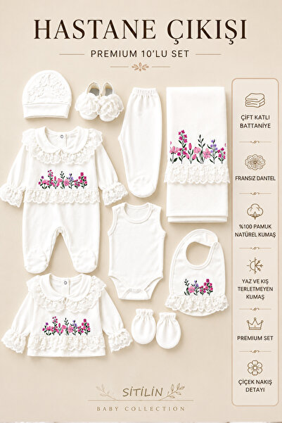 Sitilin Baby Girl Flower Embroidery Themed Luxury 10-Piece Hospital Discharge...