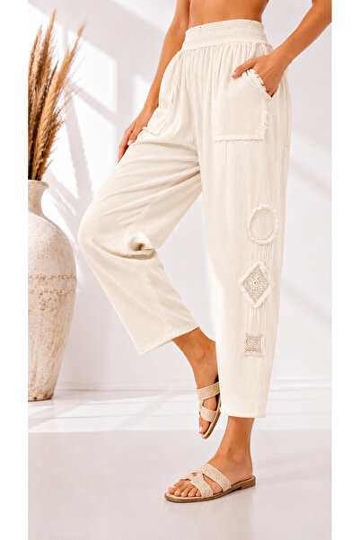 shE tekstil Elastic Waistband Linen Shalwar Ecru