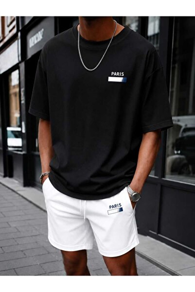 LOTS MODA Men's Oversize Paris Printed Shorts T-Shirt Set Comfortable Fit Sum...