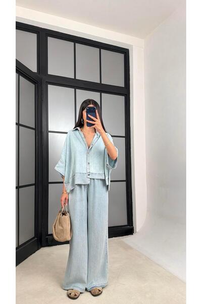 GAUS CO Açık Mavi Yarasa Kol Gömlek Beli Lastikli Pantolon Tencel Denim Takım...