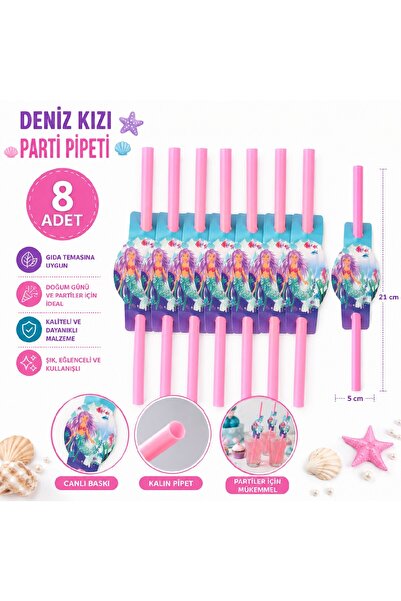 Bkmc 🏆 Deniz Kızı Doğum Günü Parti Pipeti 8 Adet Pembe Mermaid Parti Süsü